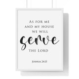 As for Me and My House framed Bible verse wall art inspired by Joshua 24:15, white frame with black and white scripture typography