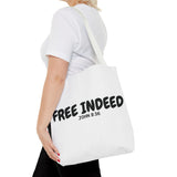 Faith Culture β Free Indeed Christian Tote Bag | John 8:36 Scripture Tote 16" Γ 16'' White