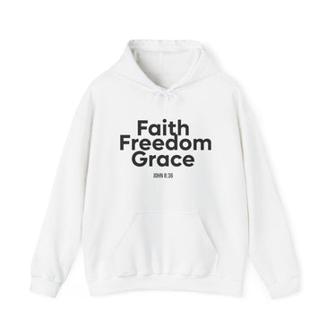 Faith Freedom Grace Christian Hoodie | John 8:36 Bible Verse Apparel White