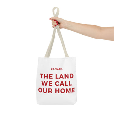 Faith Culture – The Land We Call Our Home Tote Bag | Red Canadian Anthem-Inspired Carryall 13" × 13'' Beige