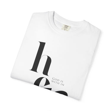 Close view of the Psalm 46:5 design on a white T-shirt