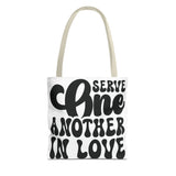 Faith Culture - Serve One Another in Love Christian Tote Bag - Inspirational Bible Verse Galatians 5:13 13" × 13'' Beige