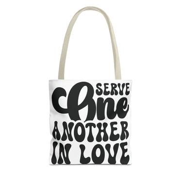 Faith Culture - Serve One Another in Love Christian Tote Bag - Inspirational Bible Verse Galatians 5:13 13" × 13'' Beige