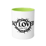 Faith Culture - So Loved John 3:16 Accent Mug – White and Black | Crown of Thorns Christian Coffee Cup (11oz) Light Green 11oz