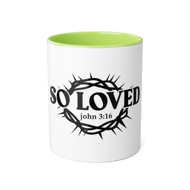 Faith Culture - So Loved John 3:16 Accent Mug – White and Black | Crown of Thorns Christian Coffee Cup (11oz) Light Green 11oz