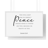 Perfect Peace framed Bible verse wall art, Isaiah 26:3, black lettering on white with a white wooden frame