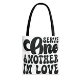 Faith Culture - Serve One Another in Love Christian Tote Bag - Inspirational Bible Verse Galatians 5:13 13" × 13'' Black