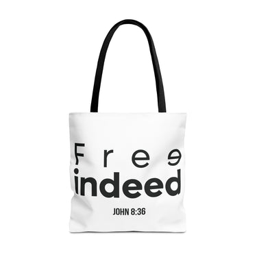 Free Indeed Christian Tote Bag | John 8:36 Bible Verse Gift 18" × 18'' Black