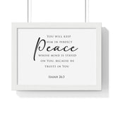 Perfect Peace framed Christian wall art, Isaiah 26:3, black lettering on white with a white wooden frame