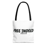 Faith Culture β Free Indeed Christian Tote Bag | John 8:36 Scripture Tote 13" Γ 13'' Black