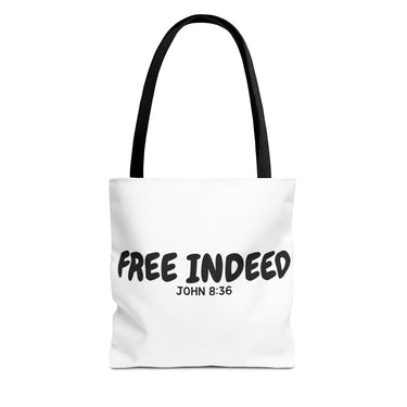 Faith Culture β Free Indeed Christian Tote Bag | John 8:36 Scripture Tote 13" Γ 13'' Black