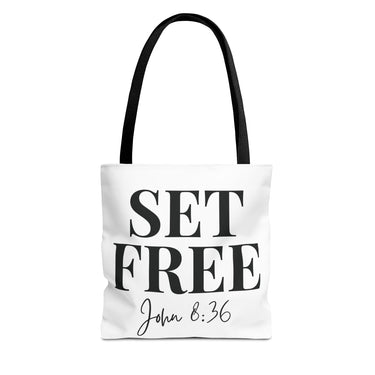 Faith Culture – Set Free John 8:36 Christian Tote Bag | Freedom in Christ Scripture Bag 13" × 13'' Black