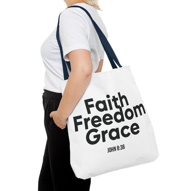 Faith Freedom Grace Christian Tote Bag | John 8:36 Bible Verse Gift