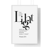 The Lord Is My Light framed Christian wall art inspired by Psalm 27:1, white frame with black and white scripture typography