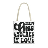 Faith Culture - Serve One Another in Love Christian Tote Bag - Inspirational Bible Verse Galatians 5:13 16" × 16'' Beige