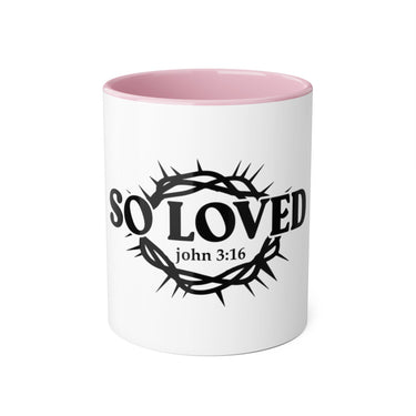 Faith Culture - So Loved John 3:16 Accent Mug – White and Black | Crown of Thorns Christian Coffee Cup (11oz) Pink 11oz