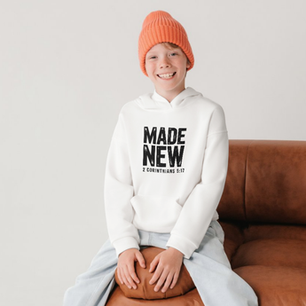 Faith Culture Made New Youth Crewneck Sweatshirt – White | 2 Corinthians 5:17 Christian Kids Sweatshirt