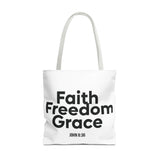 Faith Freedom Grace Christian Tote Bag | John 8:36 Bible Verse Gift 18" × 18'' White
