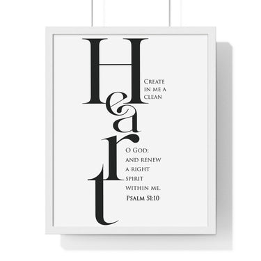 Create in Me a Clean Heart framed Bible verse wall art inspired by Psalm 51:10, white frame with black and white scripture typography