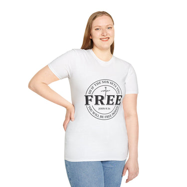 Faith Culture β Free Indeed Circle Emblem Unisex T-Shirt β White | Christian Freedom Tee with Cross Design & John 8:36