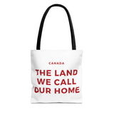 Faith Culture – The Land We Call Our Home Tote Bag | Red Canadian Anthem-Inspired Carryall 13" × 13'' Black