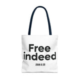 Free Indeed Christian Tote Bag | John 8:36 Bible Verse Gift 18" × 18'' Navy