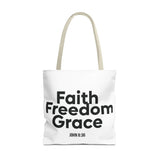 Faith Freedom Grace Christian Tote Bag | John 8:36 Bible Verse Gift 18" × 18'' Beige