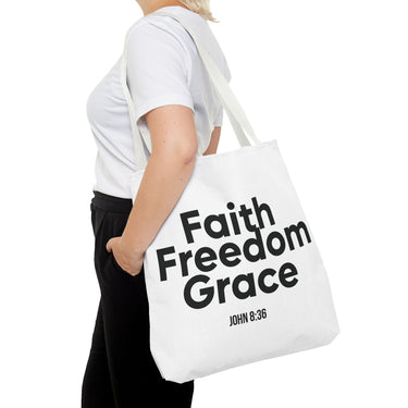 Faith Freedom Grace Christian Tote Bag | John 8:36 Bible Verse Gift