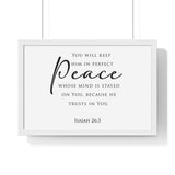 Perfect Peace framed Bible verse wall art, Isaiah 26:3, black lettering on white with a white wooden frame