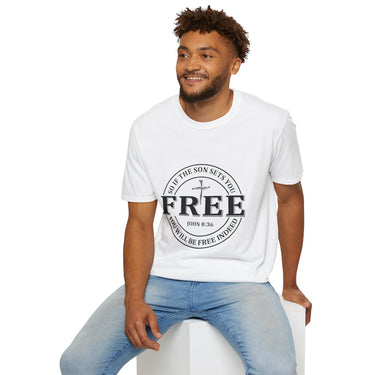 Faith Culture β Free Indeed Circle Emblem Unisex T-Shirt β White | Christian Freedom Tee with Cross Design & John 8:36