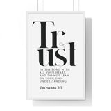 Trust in the Lord framed Christian wall art inspired by Proverbs 3:5, white frame with black and white scripture typography