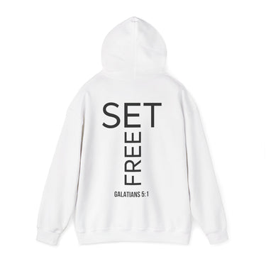 Set Free Back Print Christian Hoodie | Galatians 5:1 Scripture Apparel White