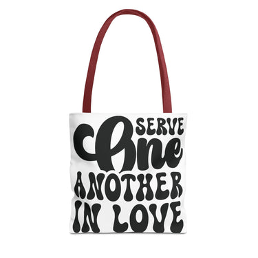 Faith Culture - Serve One Another in Love Christian Tote Bag - Inspirational Bible Verse Galatians 5:13 13" × 13'' Red