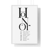 Honor Her framed Christian wall art inspired by Proverbs 31:31, white frame with black and white scripture typography