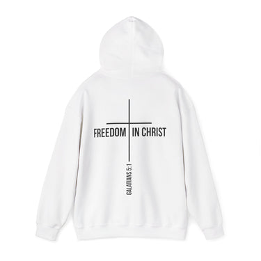 Freedom in Christ Back Print Christian Hoodie | Galatians 5:1 Scripture Apparel White