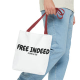 Faith Culture β Free Indeed Christian Tote Bag | John 8:36 Scripture Tote 13" Γ 13'' Red