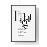 The Lord Is My Light framed Christian wall art inspired by Psalm 27:1, black frame with black and white scripture typography