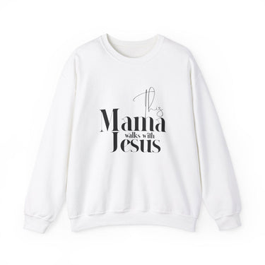 Faith Culture - This Mama Walks with Jesus - Christian Unisex Heavy Blendâ„¢ Crewneck Sweatshirt White