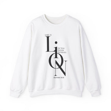 A Lion, Mighty Among Beasts Christian Sweatshirt – Proverbs 30:30 in white | Faith Culture