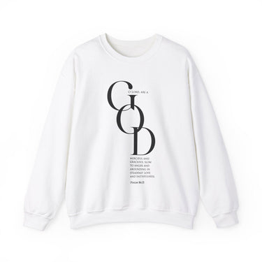 Compassionate and Gracious Christian Sweatshirt – Psalm 86:15 in white | Faith Culture