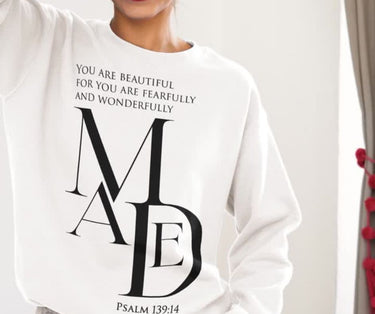 Fearfully and Wonderfully Made Christian Sweatshirt – Psalm 139:14 in white | Faith Culture