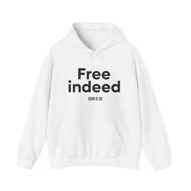 Free Indeed Christian Hoodie – John 8:36 in white | Faith Culture