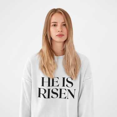 He Is Risen Minimal Easter Christian Sweatshirt in white | Faith Culture