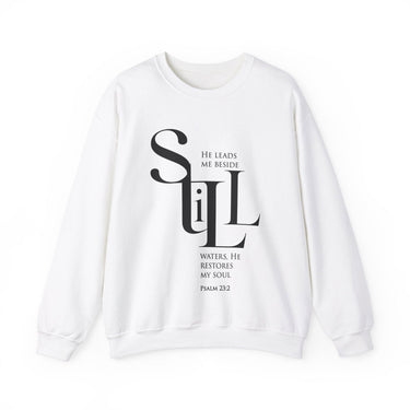 He Leads Me Beside Still Waters Christian Sweatshirt – Psalm 23:2 in white | Faith Culture