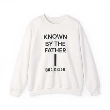Known by the Father Christian Sweatshirt – Galatians 4:9 in white | Faith Culture