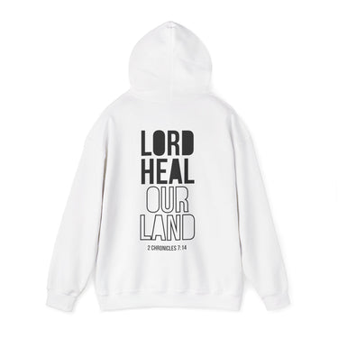Lord Heal Our Land Christian Hoodie – 2 Chronicles 7:14 in white | Faith Culture