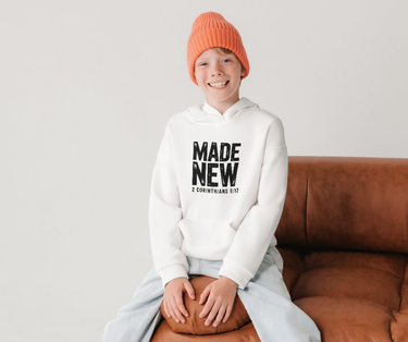 Made New Christian Youth Sweatshirt – 2 Corinthians 5:17 in white | Faith Culture