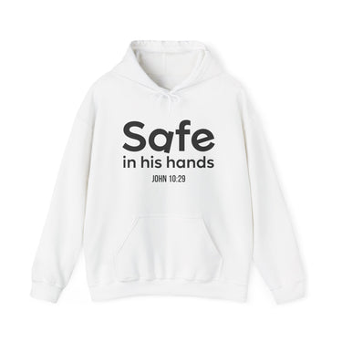 Safe in His Hands Christian Hoodie – John 10:29 in white | Faith Culture