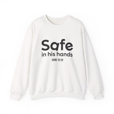 Safe in His Hands Christian Sweatshirt – John 10:29 in white | Faith Culture