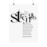 She Is Clothed with Strength and Dignity Christian wall poster inspired by Proverbs 31:25–26